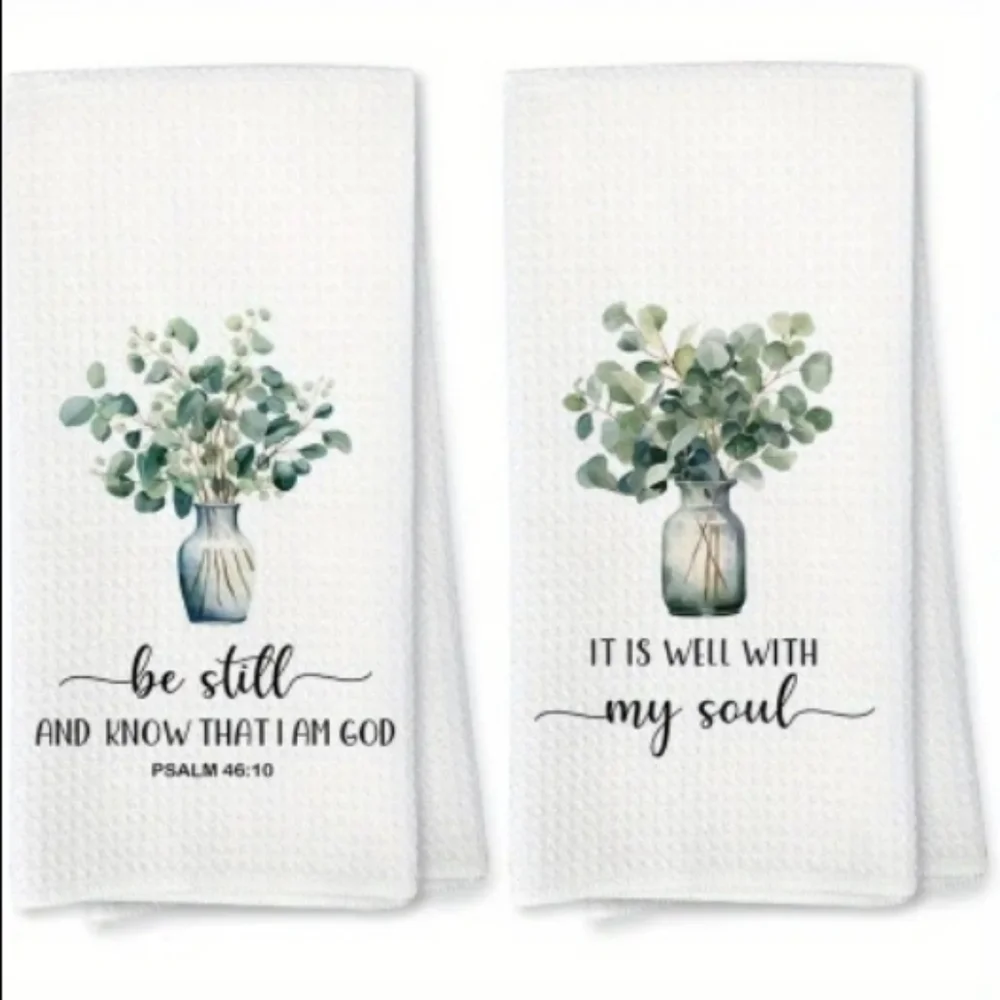 Set Of 2 Inspirational White Kitchen Towels with Greenery